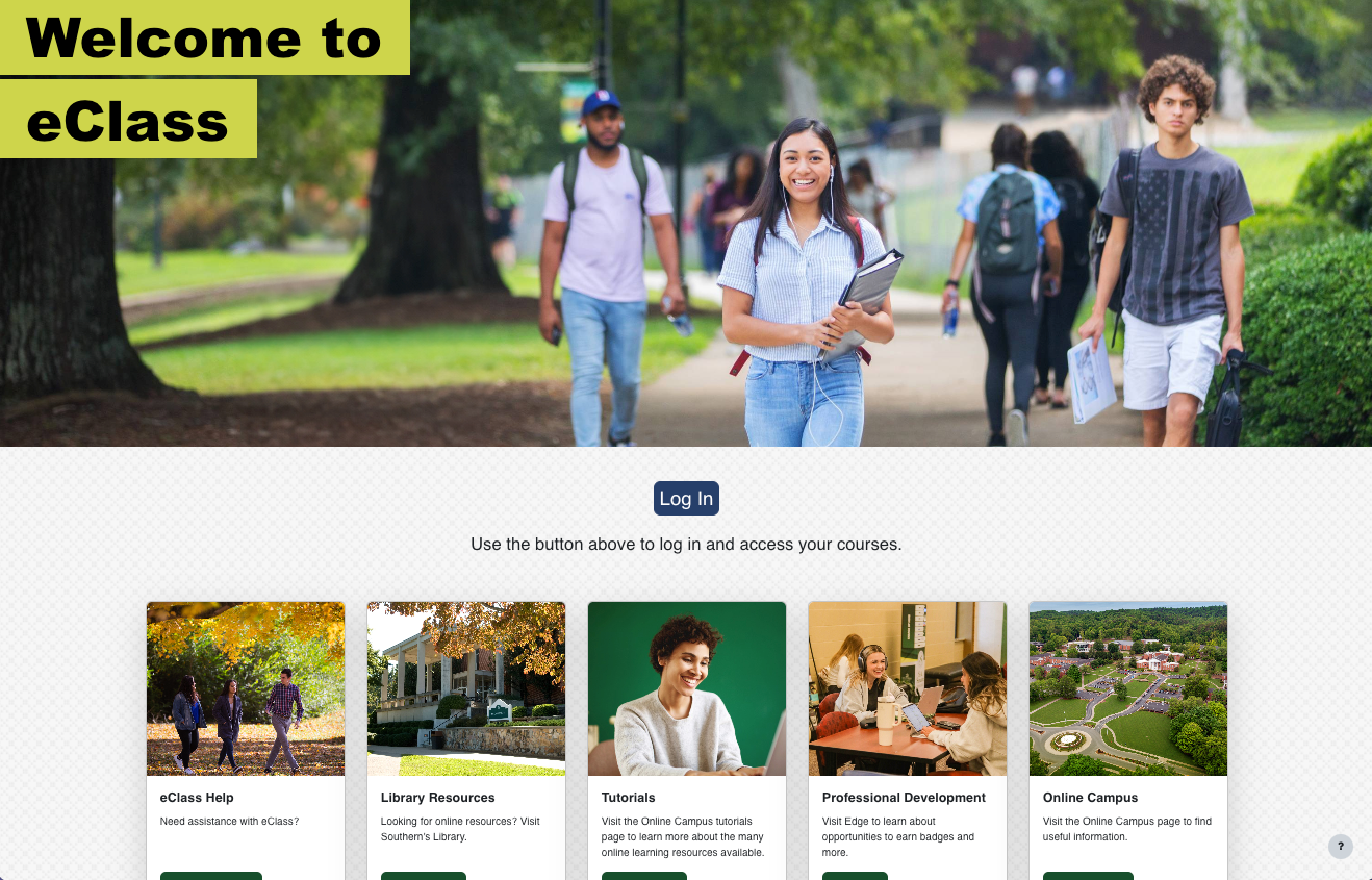 eclass log in page with log in button and picture of students walking down promenade